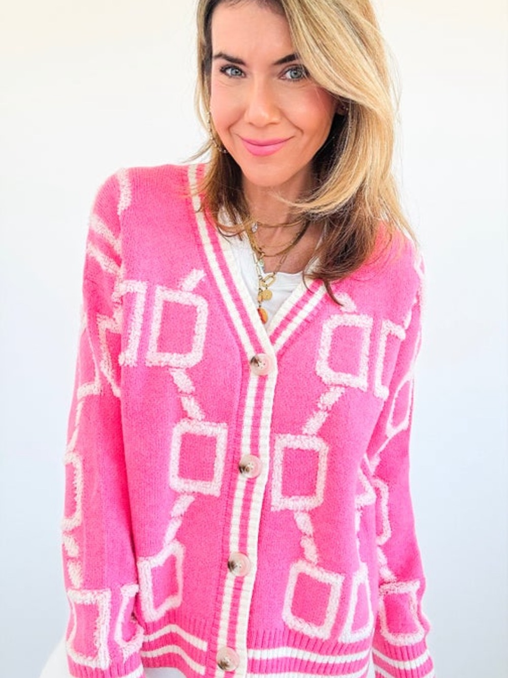 Pink Geometric Button-Up Women's Sweater Cardigan